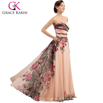 2015 Grace Karin Hot Sale Strapless Sweetheart Decote Flor Padrões de impressão floral Vestido de dama de honra Chiffon longo CL7503